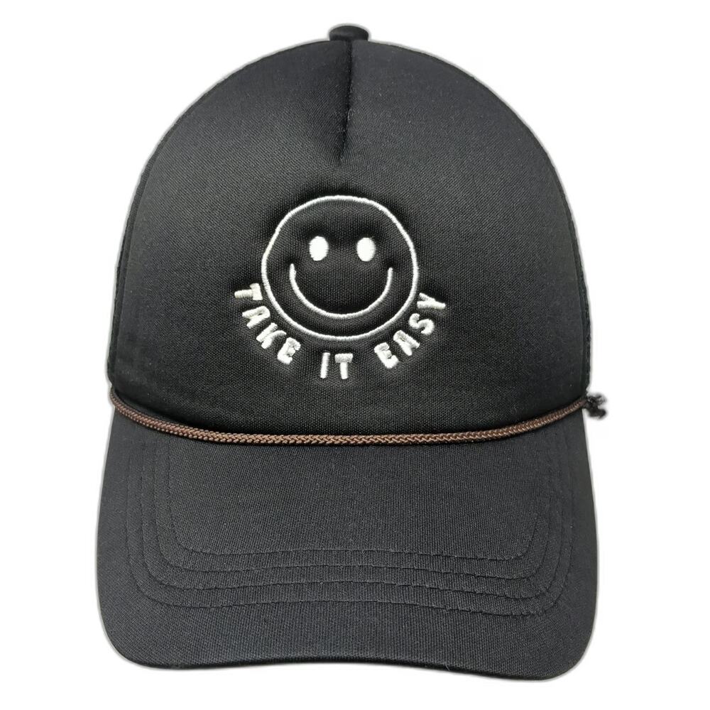 David and Young Trucker Hat Black OSFM Smiley Face Take It Easy Mesh Rope Snap